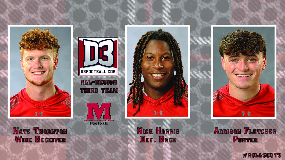 Congrats to five <a href="/RollScotsFB/">Monmouth College Football</a> players named <a href="/d3football/">D3football.com</a> All-Region!

<a href="/DBROWN0401/">Derek Brown</a> (C) &amp; <a href="/Pnett46/">Korbyn Personett</a> (DE) First Team

<a href="/NateThornton20/">Nathan Thornton</a> (WR), <a href="/NicholasHarri5/">Nicholas Harris</a> (DB) &amp; <a href="/afletch5___/">Addi</a> (P) Third Team. 

Brown &amp; Personett were both 2nd team last year, Fletcher repeats on 3rd team #RollScots