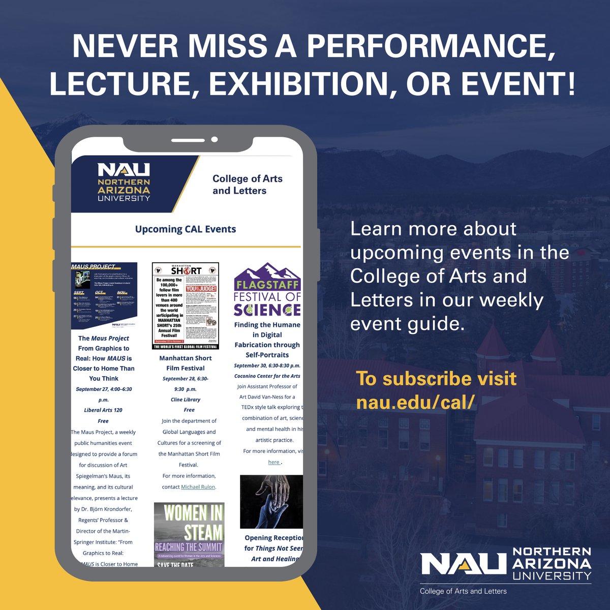 nau_calevents's tweet photo. Stay up to date on the events happening with the weekly CAL Newsletter!
โญ Subscribe at https://t.co/bdipFvuuYn
#NAUCAL #CALEvents https://t.co/4QI9M4vcec