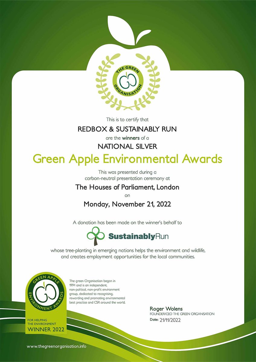 We're incredibly proud to share our latest award, a national silver green apple environmental award. We won this in partnership with the <a href="/SustainablyRun/">Sustainably Run</a> for supporting their initiatives, specifically the funding of GiftTrees which have a positive social and environmental impact.