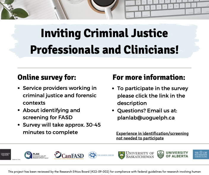 PLANLabUofG's tweet photo. We are inviting professionals working in criminal legal and forensic contexts to complete a survey on #FASD identification and #screening. Those with and without experience are encouraged to participate! Click here: https://t.co/KqWYAq9nuH

read more here: https://t.co/fMudLbjnau