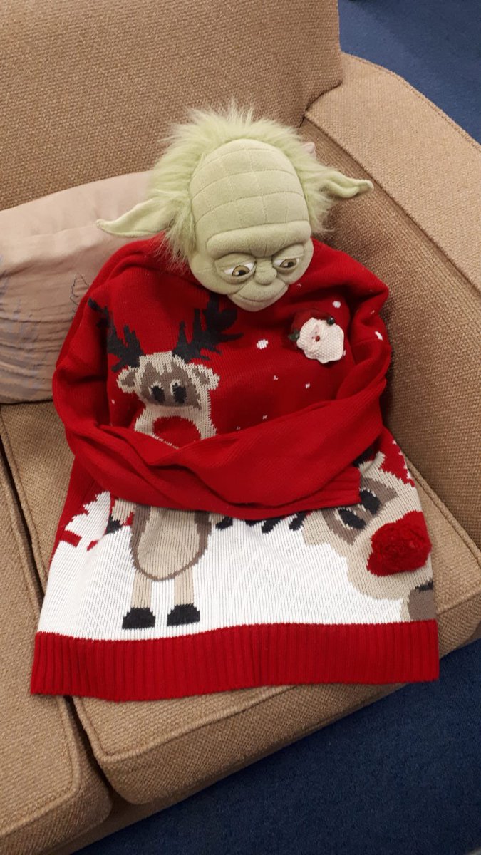 CHealthLib's tweet photo. #Yoda wearing a Christmas Jumper for #Christmasjumperday2022 #CornwallHealthLibrary #RCHT #CFT #PlymUni #ExeterMed #CIOSICB https://t.co/PpO77OOOTr