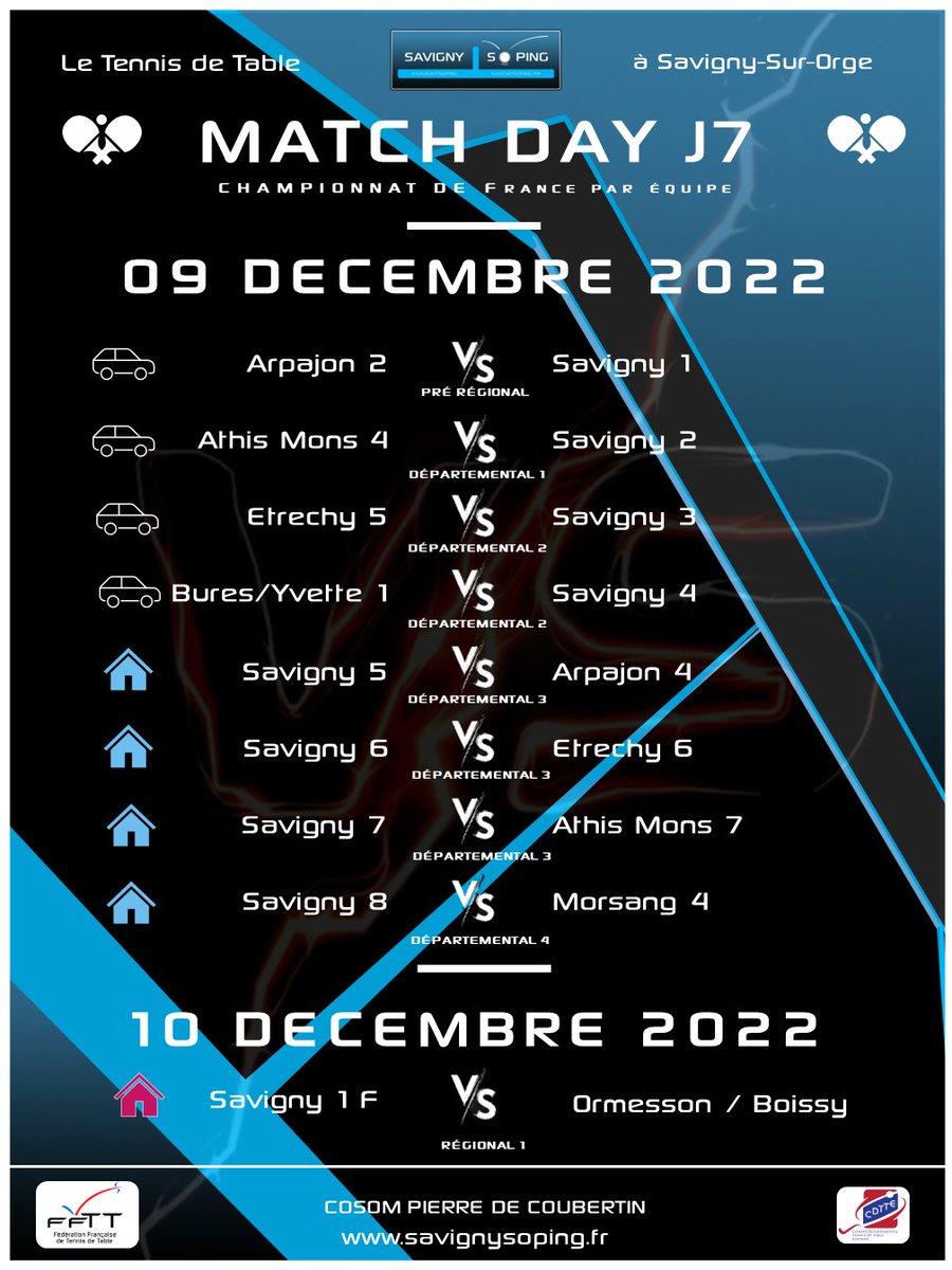 savignysoping's tweet photo. 🗓️ 🏓 Place à la dernière journée de la phase ! 
Ce vendredi 09/12 et samedi 10/12, les équipes 5 à 8 évolueront à domicile.
L'équipe 1 Féminine recevra Ormesson-Boissy, samedi à 15h. 
https://t.co/YkUAmkvxsZ
#SavignySoPing #SavignySurOrge #tennisdetable #ping #club #sport https://t.co/LAxklkl2Ca