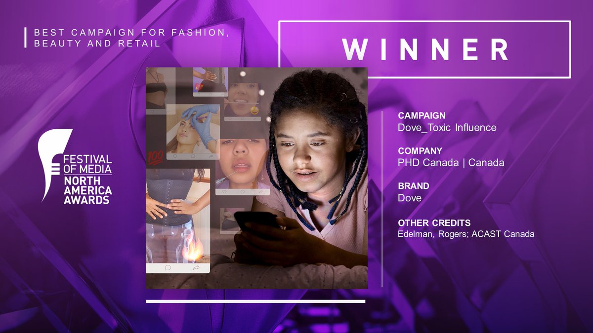 festivalofmedia (@festivalofmedia) on Twitter photo The Winner for the Best Campaign for Fashion, Beauty and Retail was <a href="/PHDCanada/">PHD Canada</a> with another win for its Dove_Toxic Influence campaign #FOMNA22 The Winner for the Best Campaign for Fashion, Beauty and Retail was <a href="/PHDCanada/">PHD Canada</a> with another win for its Dove_Toxic Influence campaign #FOMNA22