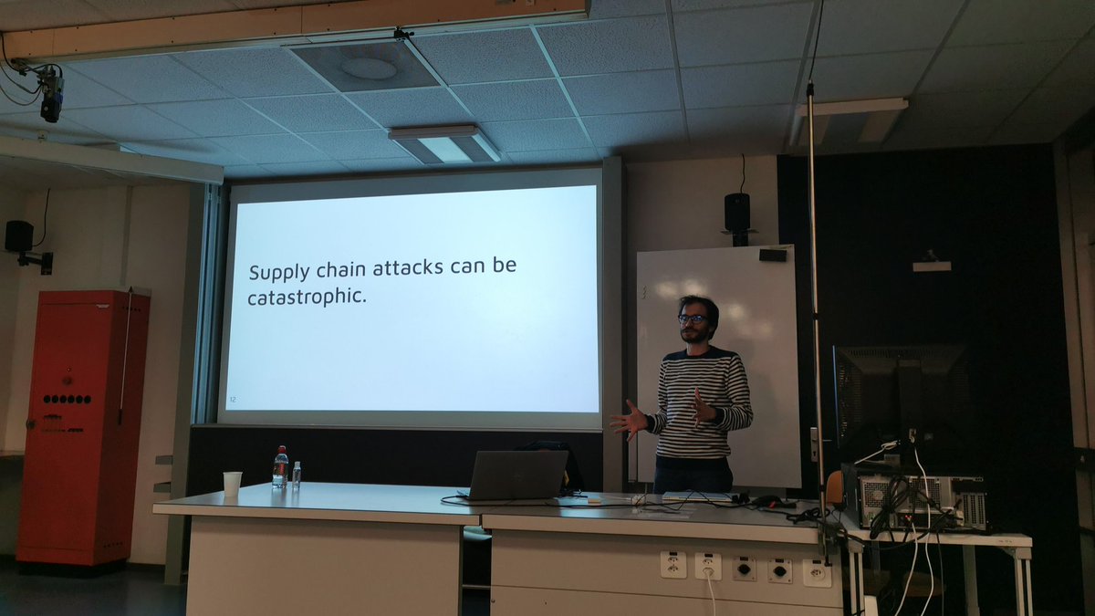 GenevaDNUG's tweet photo. We're talking about supply chain attacks in software, package manager vulnerabilities and how all of it relates to #nuget. @andrei_cs_pub takes presenter's spot https://t.co/j55o5rgCXi