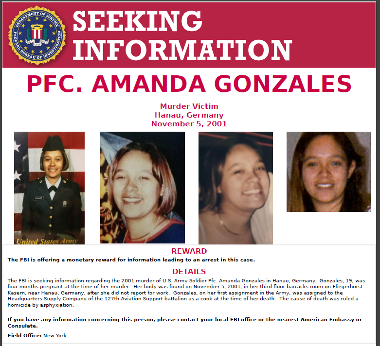 jefmarlan's tweet photo. Today would have been Amanda's 41st birthday.
2001 homicide of PFC Amanda Gonzales &amp; unborn daughter in Army barracks room near Hanau, Germany. $125K Reward #RedWhiteAndBruised  #JusticeForOurHeroes #JusticeForAmandaGonzales #Unsolved #ColdCase @redwhitebruised https://t.co/Me6NNFbV7S