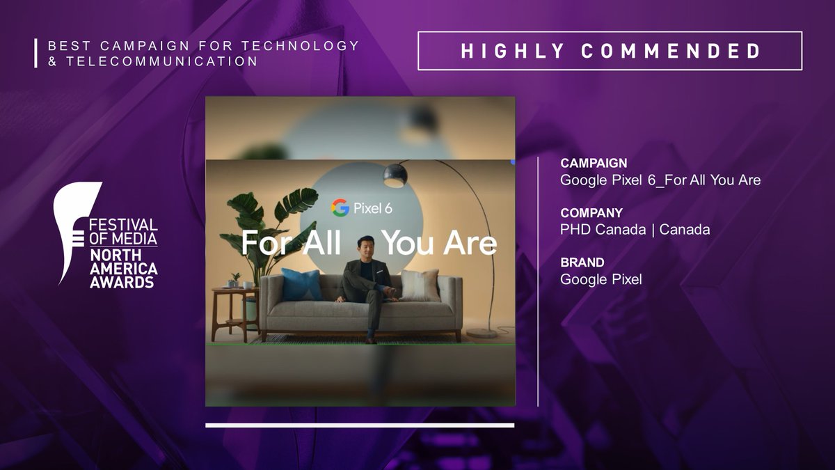 festivalofmedia (@festivalofmedia) on Twitter photo The Best Campaign for Technology and Telecommunication category saw <a href="/PHDCanada/">PHD Canada</a> take a Highly Commended for Google Pixel 6_For All You Are #FOMNA22 The Best Campaign for Technology and Telecommunication category saw <a href="/PHDCanada/">PHD Canada</a> take a Highly Commended for Google Pixel 6_For All You Are #FOMNA22