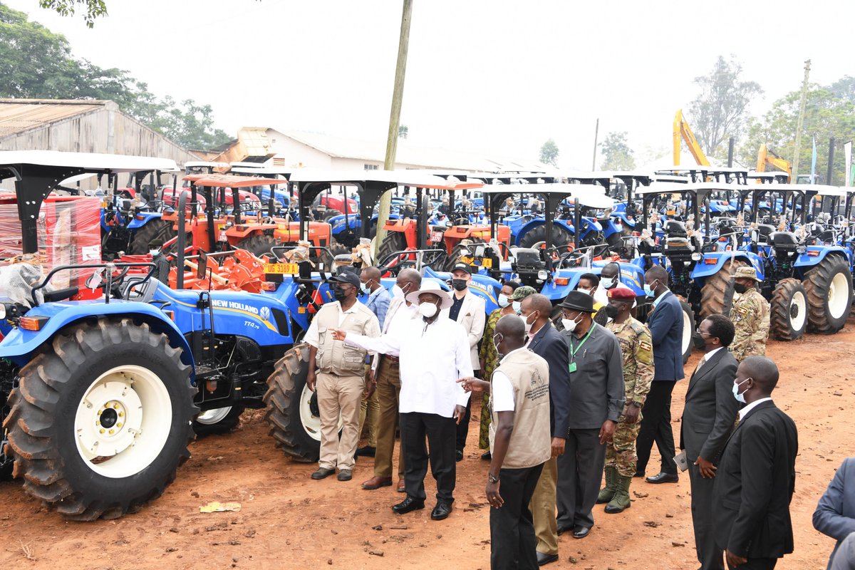 KagutaMuseveni's tweet photo. We have been preaching about transforming agriculture through mechanisation.  On that note, I have commissioned equipment at Namalere National Agricultural Referral Mechanization Centre and handed over 150 tractors to farmer groups and 100 motorcycles to Agricultural inspectors. https://t.co/N6vIOyz8sN