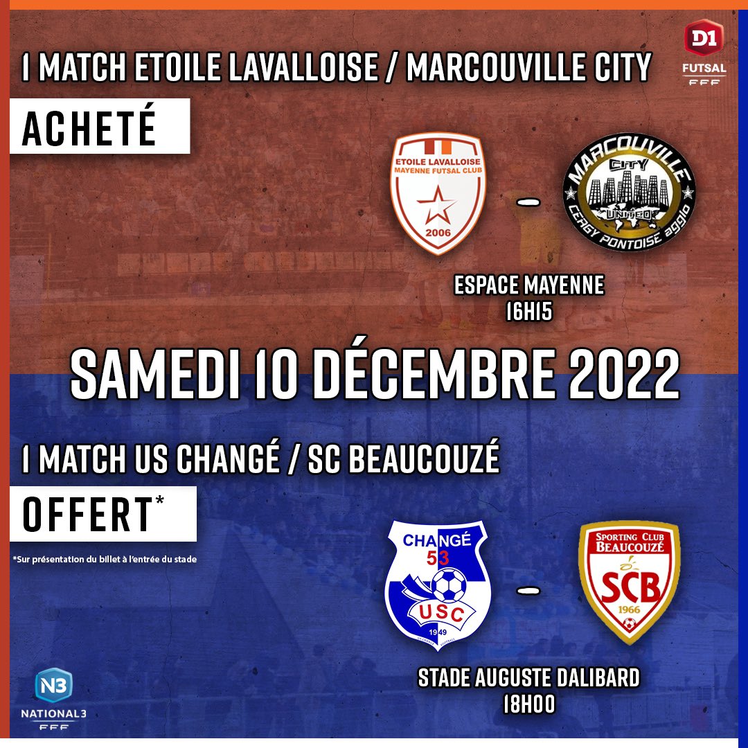 <a href="/ELFC_officiel/">Etoile Lavalloise Mayenne FC</a> 🤝 <a href="/uschangefoot/">US Changé Football</a> 

Deux matchs pour le prix d’un ! 🤩

Un billet acheté à l’Espace Mayenne à 16h15 = une entrée offerte au Stade Auguste Dalibard à 18h ! 🎫 

𝑠𝑢𝑟 𝑝𝑟𝑒𝑠𝑒𝑛𝑡𝑎𝑡𝑖𝑜𝑛 𝑑𝑒 𝑣𝑜𝑡𝑟𝑒 𝑏𝑖𝑙𝑙𝑒𝑡 𝑑𝑢 𝑚𝑎𝑡𝑐ℎ 𝑑𝑒 𝑓𝑢𝑡𝑠𝑎𝑙 🏟

🔵⚪️