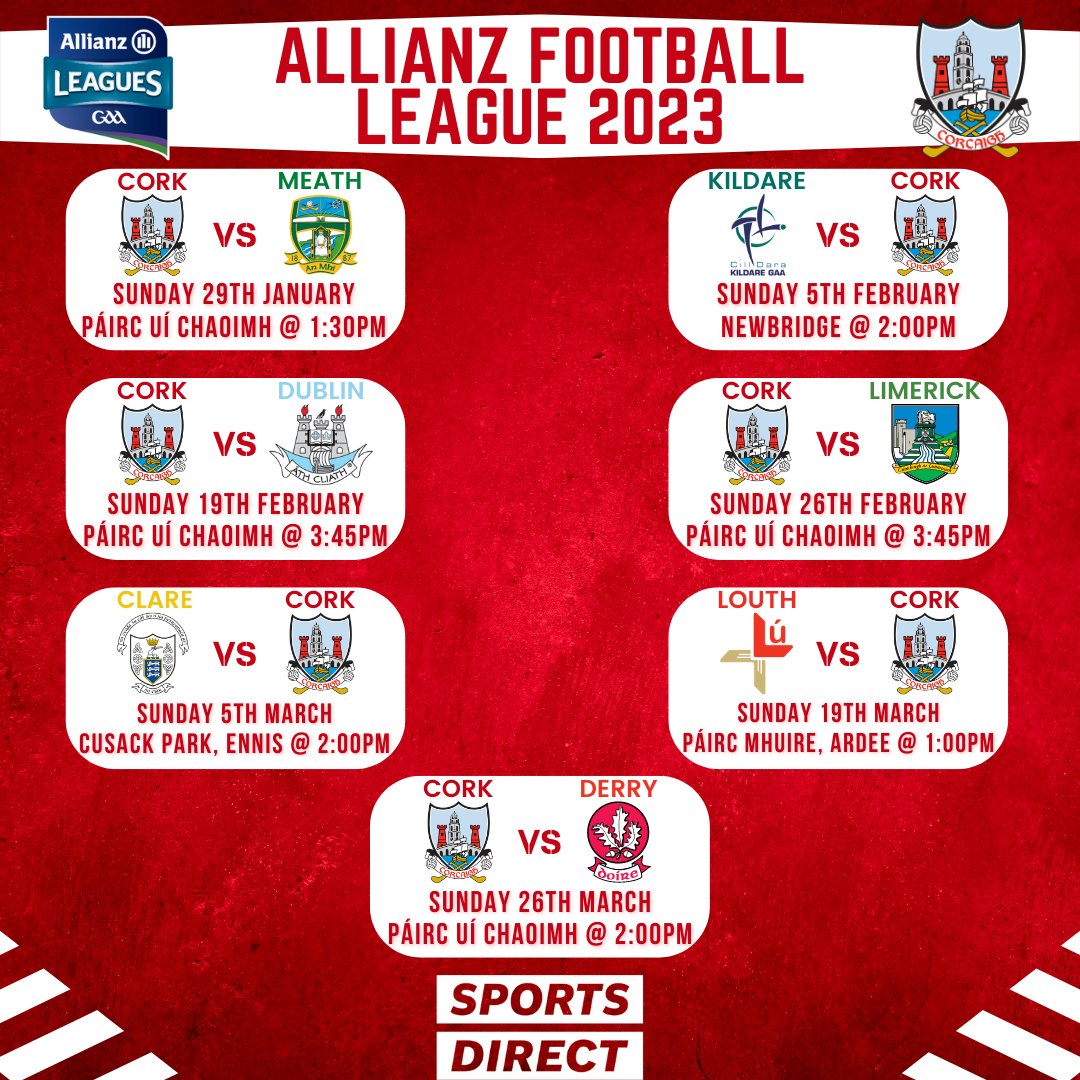 Cork GAA on X: The fixtures for the Allianz Leagues 2023 have been  confirmed today following the release of the GAA Master Plan for 2023.   #SportsDirectIreland #BorntoPlay   / X