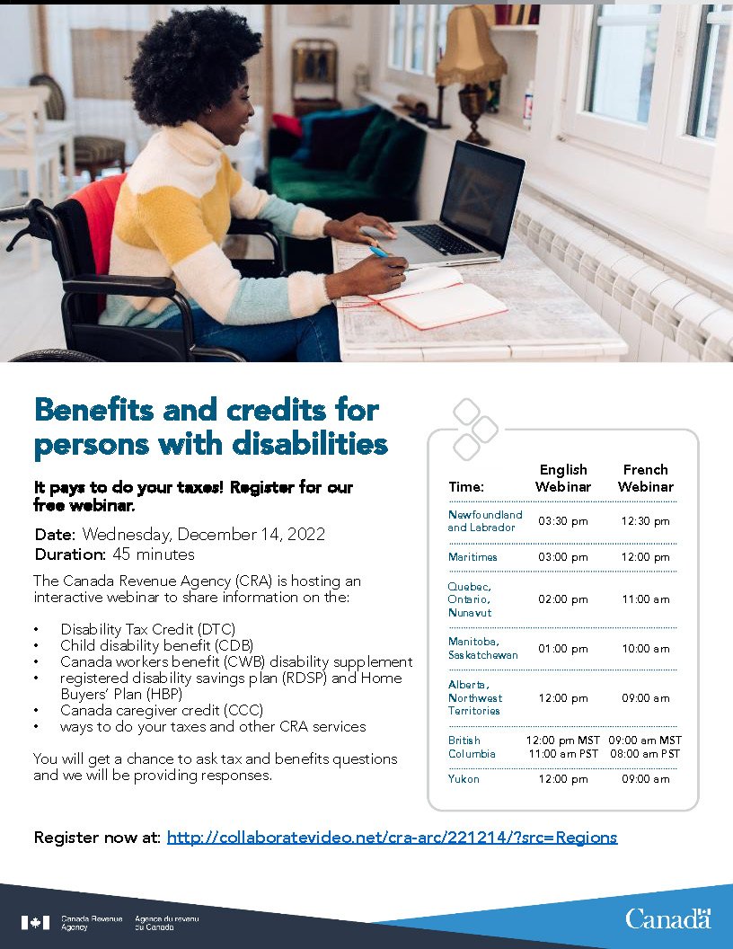 Benefits and credits for persons with disabilities. December 14th. Registration: collaboratevideo.net/cra-arc/221214…