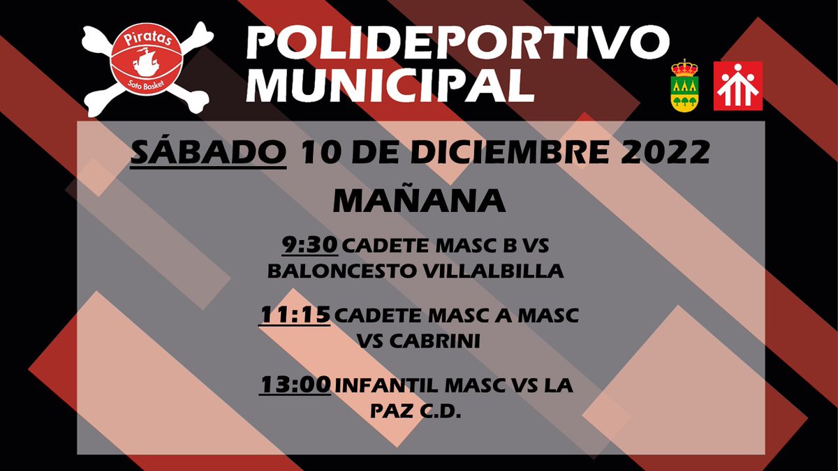 🏴‍☠Buenas tardes Piratas! 🏴‍☠
Este sábado podremos disfrutar de una mañana llena de baloncesto en el Soto Arena

Partidos de la semana pasada:

✅ Sub22 Masculino 59 - 49 Villa de el Escorial
✅ Senior Femenino 61 - 35 Coin

#123Piratas
#TodosJuntos