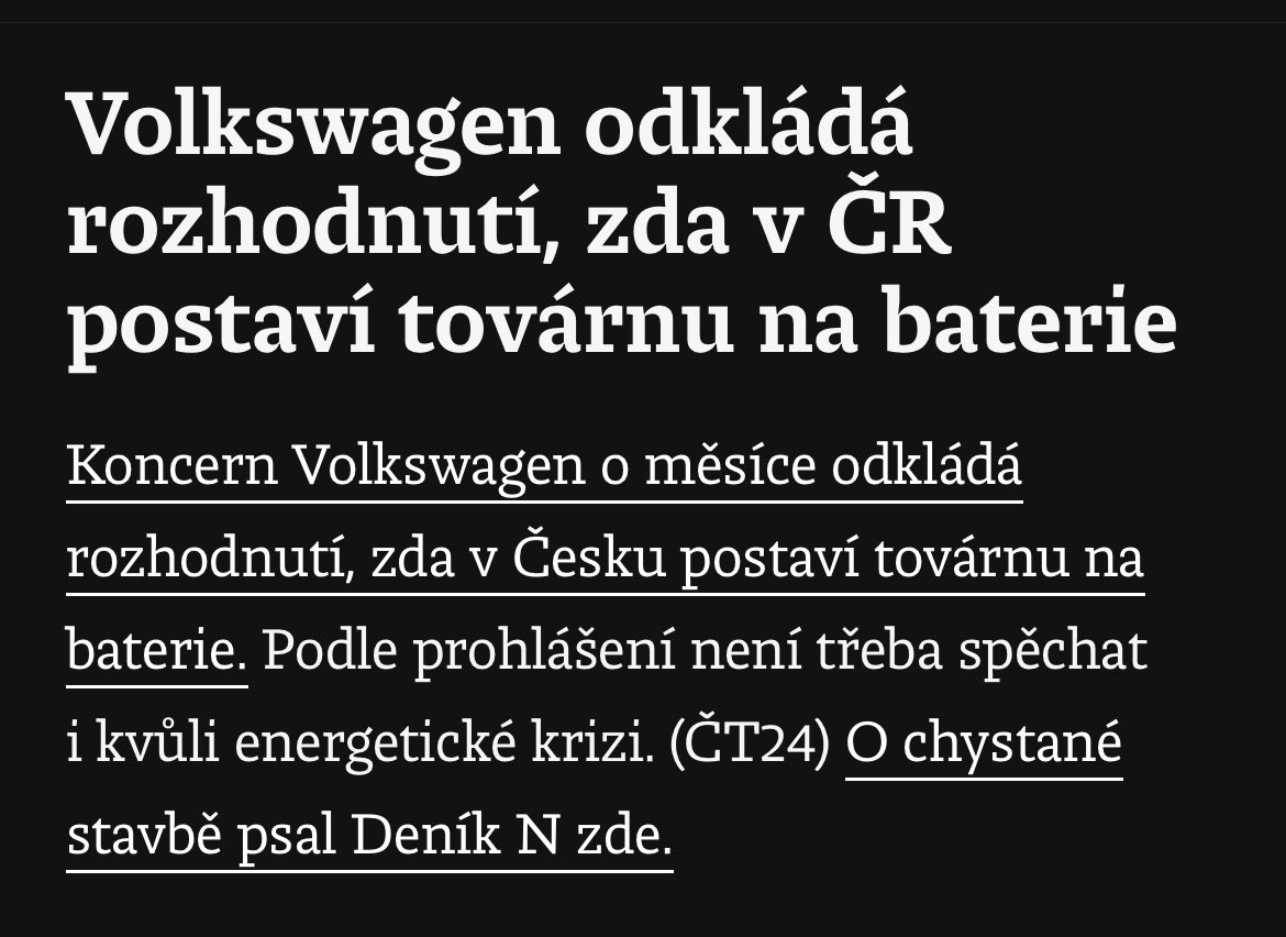 Rozhodnutí koncernu Volkswagen jen potvrzuje, že projekt není dostatečně připravený. Pro nás se tímto odkladem nic nemění. Vznik gigafactory v Líních i nadále nepodporujeme. Dosud jsme jako město Plzeň neobdrželi žádná data, na základě kterých bychom náš názor přehodnotili.