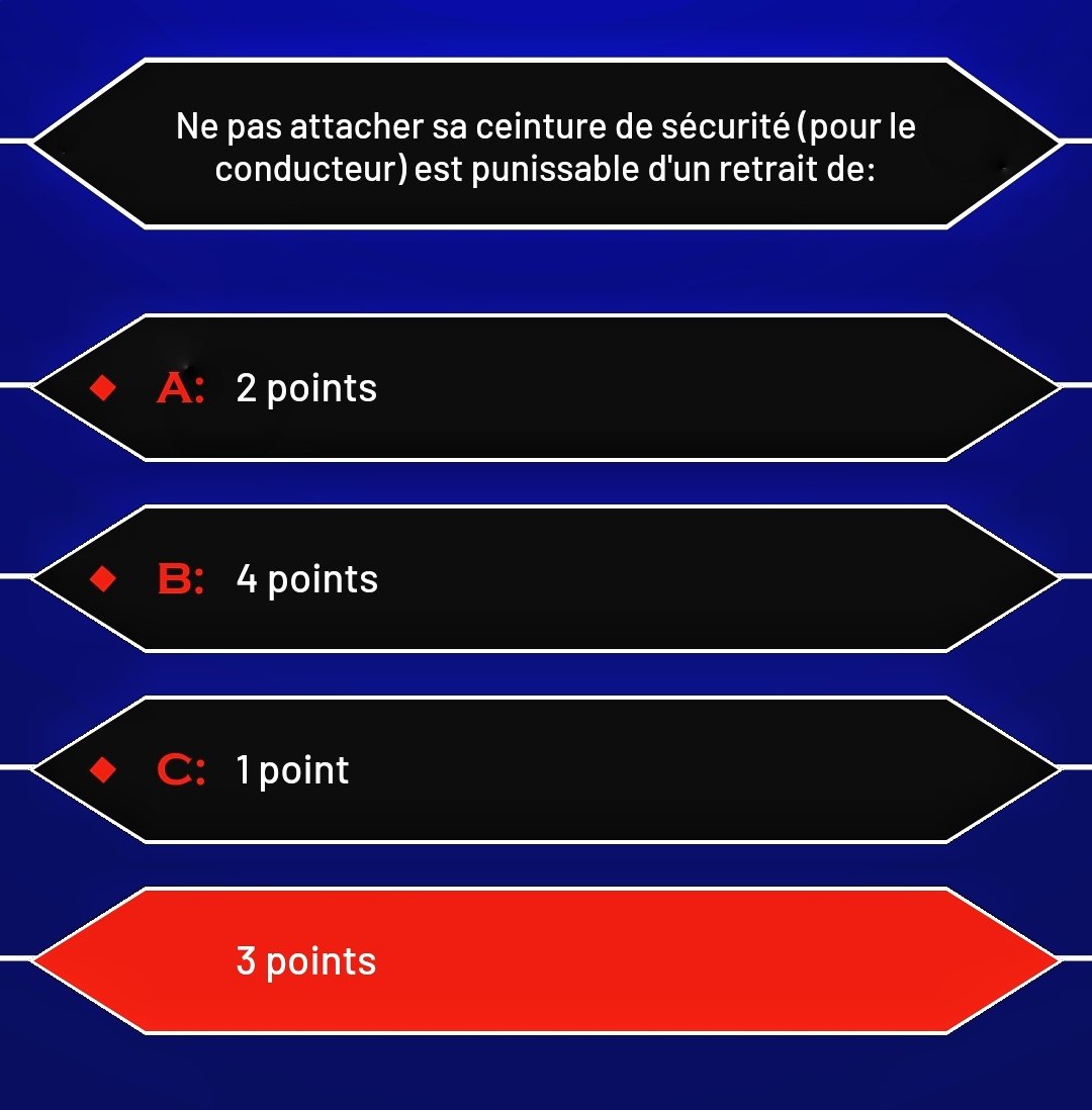 ✅ La bonne réponse à découvrir sur le quizz #QuiVeutÉviterDesInfractions était "3 points"!
Entraînez-vous dès maintenant en téléchargeant le quizz disponible sur #Android et #iOS!

#SécuritéRoutière #infractions #infractionsquizz