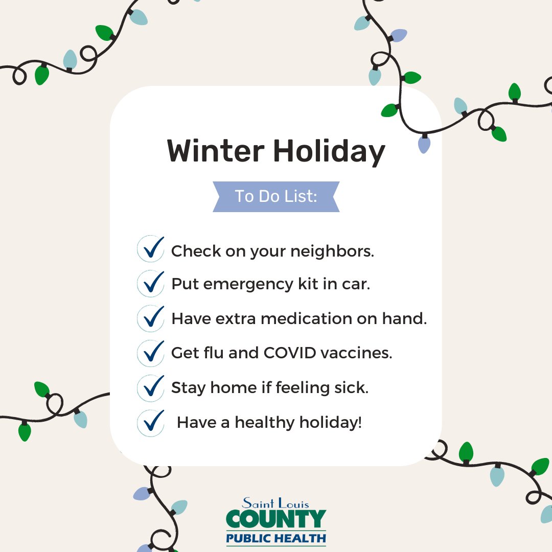 StLCountyDOH's tweet photo. When checking off your holiday to-do list this year, make sure you leave time for being prepared. Taking the steps in the graphic below can help protect you and your family’s health this holiday season. https://t.co/bXvJSkyhVE