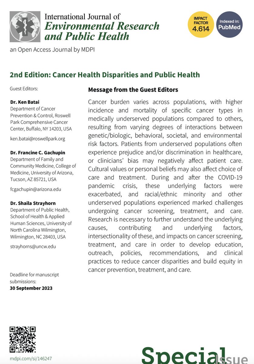 📣 You are INVITED to contribute a paper to the 2nd edition of #Cancer #HealthDisparities and #PublicHealth special issues of <a href="/IJERPH_MDPI/">IJERPH</a>! <a href="/BataiKen/">Ken Batai, PhD</a> , Dr.  Gachupin &amp; <a href="/Shaila24764501/">PAUL</a> are guest editors. Learn more at ow.ly/Jlia50LX13v #ASPO #Healthequity #epitwitter