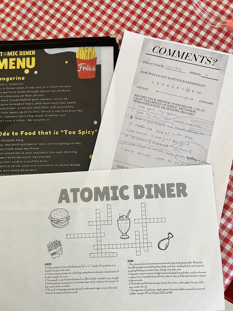 Another Atomic Diner pop-up experience! Today’s menu features a 3-course meal and food-inspired poetry. I’m so proud of students’ flavorful work!👨‍🍳 🤤 🌶️ 🍭