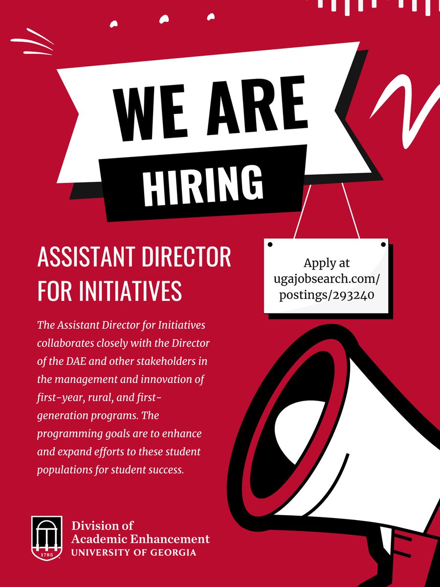 Please share if you know individuals that would be great in a leadership role focusing on first-year, rural, and first-generation programs.

Review of materials will begin December 12, 2022.

ugajobsearch.com/postings/293240