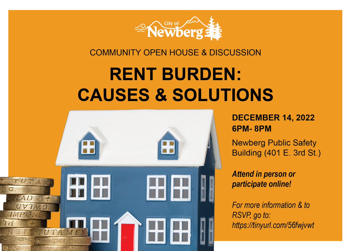You're Invited To A Community Open House 🏘
We want YOUR input in a discussion on rent burden causes &amp; solutions. 
📅 Join Us on December 14, 2022 from 6pm-8pm at the Newberg Public Safety Building (401 E. 3rd St.)
➡️ For more info, and to RSVP, go to: newbergoregon.gov/planning/page/…