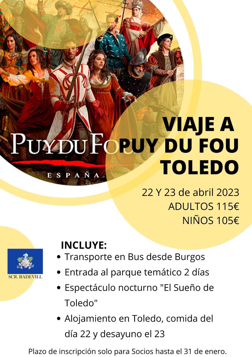 VIAJE a PUY DU FOU España ⚔️
Primer viaje de 2023, plazo de inscripción abierto de momento solo para SOCIOS hasta el 31 de enero. 🎡

Cualquier duda contáctanos 📥