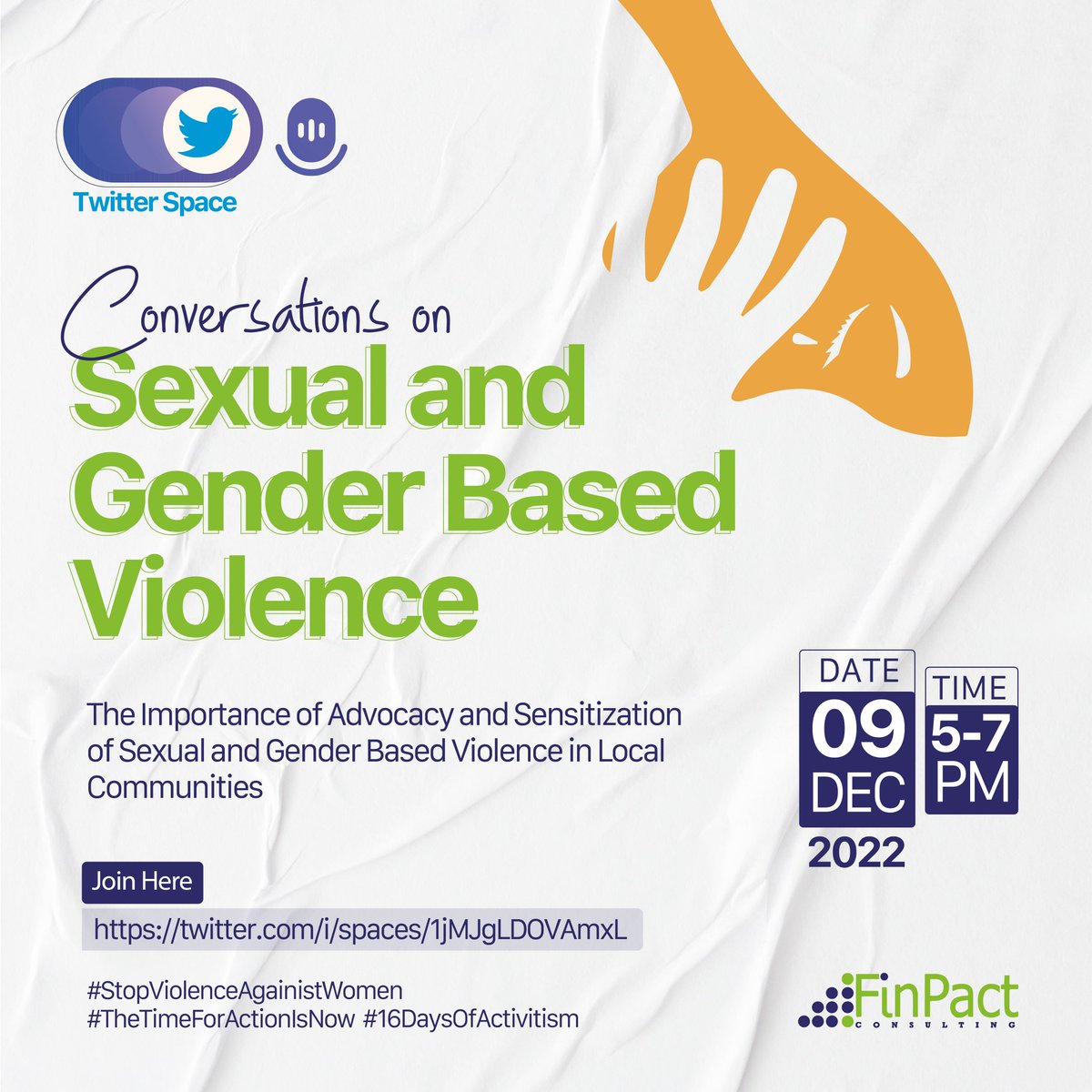 As the world continues to advocate on a global level, Finpact is also ensuring advocacy at the grassroot level. 

Join our Twitter Space as we discuss 'The Importance of Advocacy and Sensitization of SGBV in Local Communities'.

#16daysofactivism 
#UniteToEndTheWarOnWomen