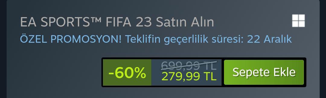 🚨 FIFA 2023 İndirimi! FIFA'cılar sonunda istediğiniz oldu. FIFA 2023 Steam'de şu an %60 indirimle 279.99 TL. Bu fırsatı kaçırmayın!