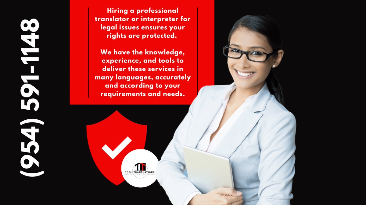 Totaltranslatio's tweet photo. Hiring a professional translator or interpreter for legal issues ensures your rights are protected. 

We have the knowledge, experience, and tools to deliver these services in many languages, accurately and according to your requirements and needs.

CALL US: (954) 591-1148 https://t.co/qD5nIUDEwU
