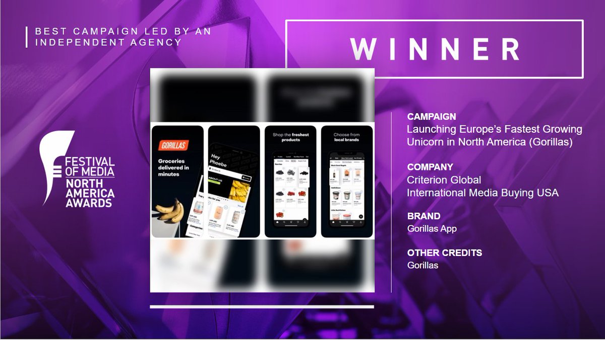 The Best Campaign Led by an Independent Agency saw <a href="/CriterionGlobal/">Criterion Global: International Media Buying</a> win another gold for Launching Europe's Fastest Growing Unicorn in North America (Gorillas)  #FOMNA22