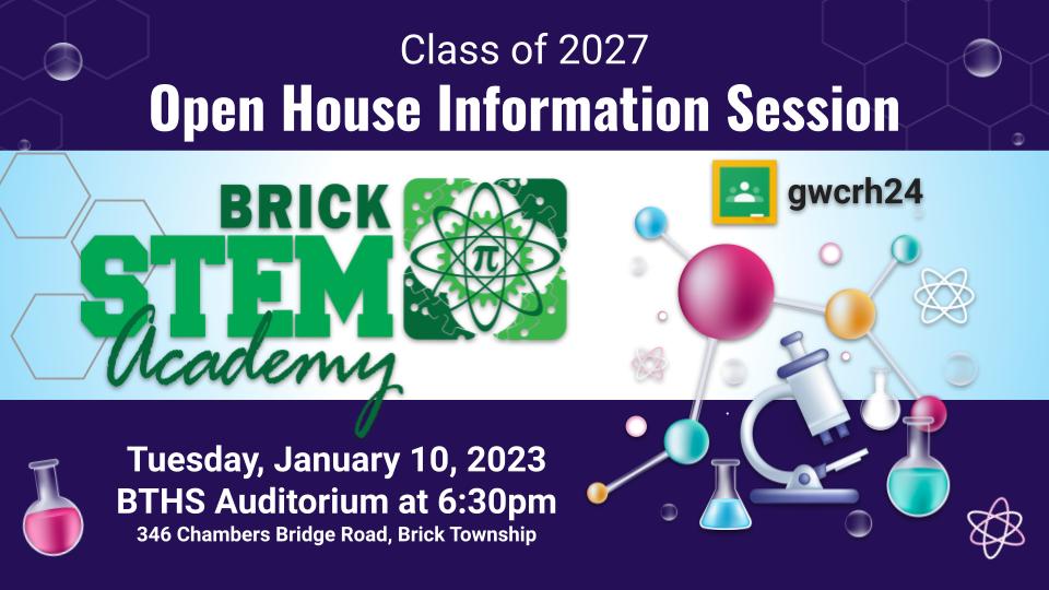 BrickMemorialHS's tweet photo. Class of 2027, if you are interested in applying for the STEM Academy please be sure to join the Google Classroom and attend the open house on January 10, 2023 https://t.co/8TRzaaCHIK