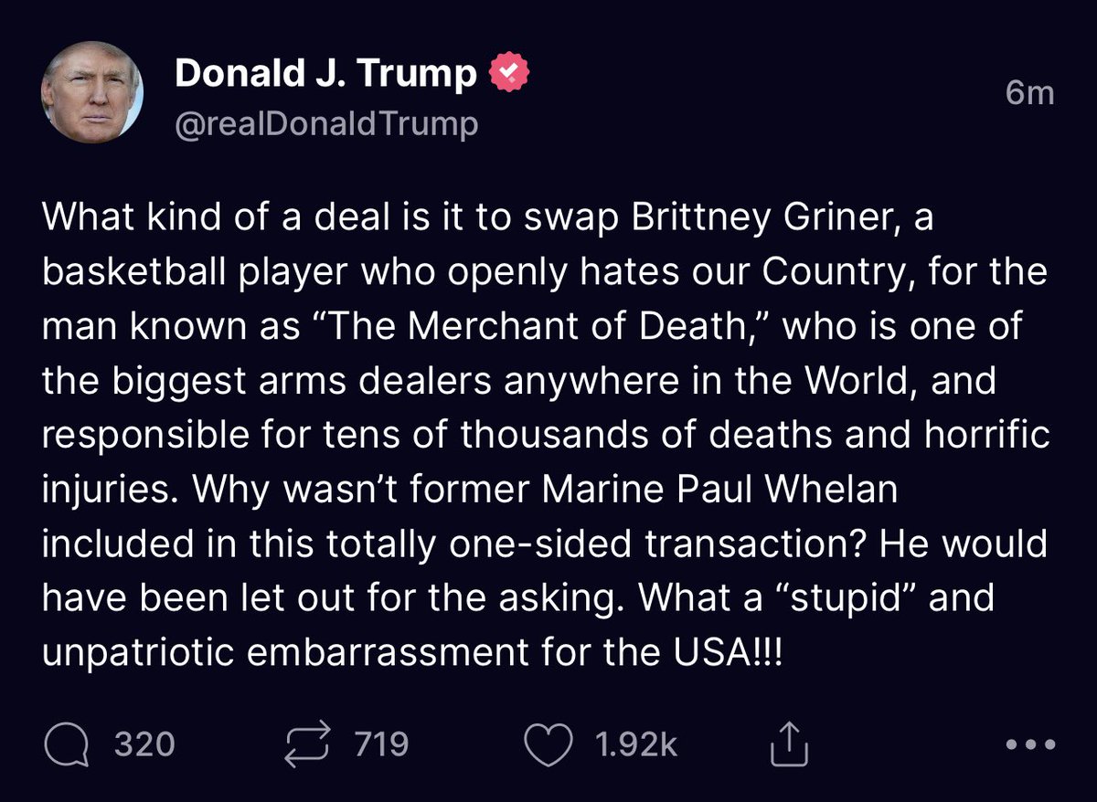NickAdamsinUSA's tweet photo. President Trump DESTROYS Joe Biden over the Brittney Griner prisoner swap! https://t.co/iT146Afj6J