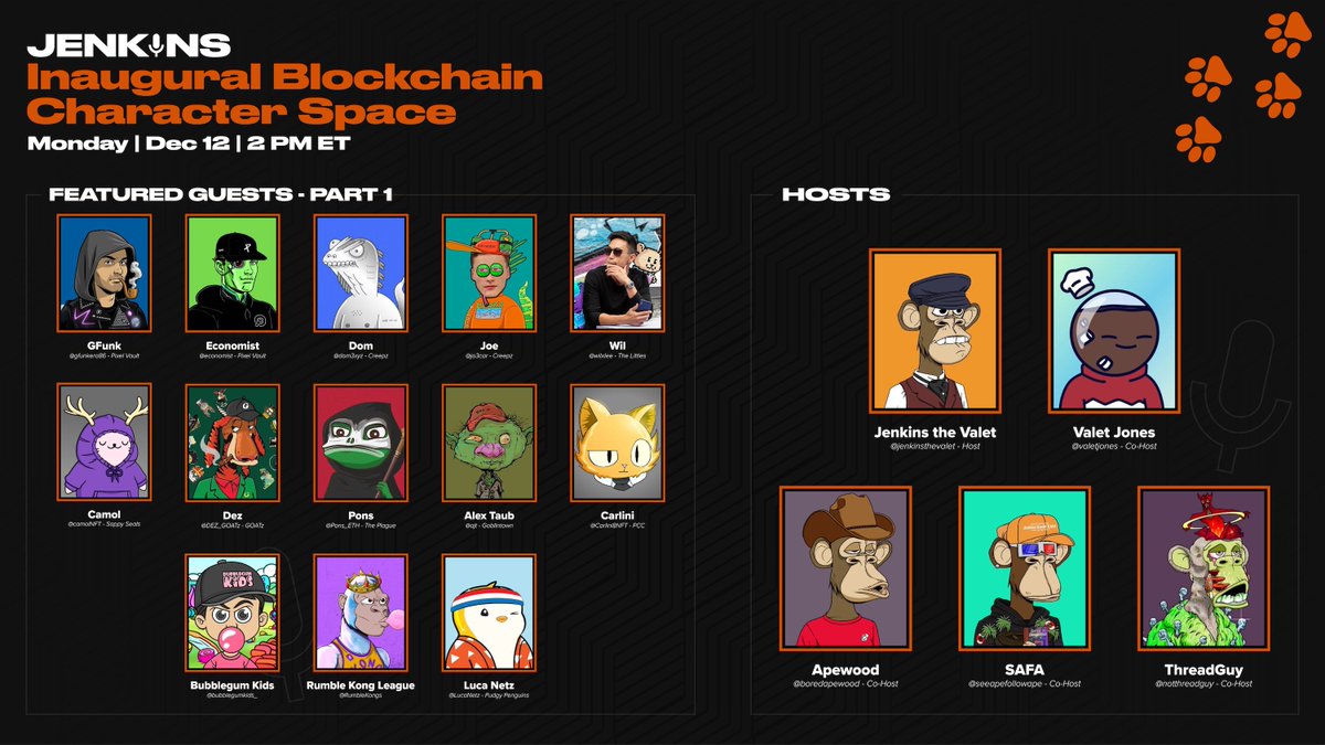 jenkinsthevalet's tweet photo. I'm thrilled to announce the first 14 featured guests for the 1st Inaugural Blockchain Character Space 🤝

Hear their perspectives on community building, identity, and how story plays a role in each of their worlds.

Dec 12 at 2 PM EST. Link below 👇
👉 https://t.co/5BovE2CEqj 👈 https://t.co/CysntJsgtd