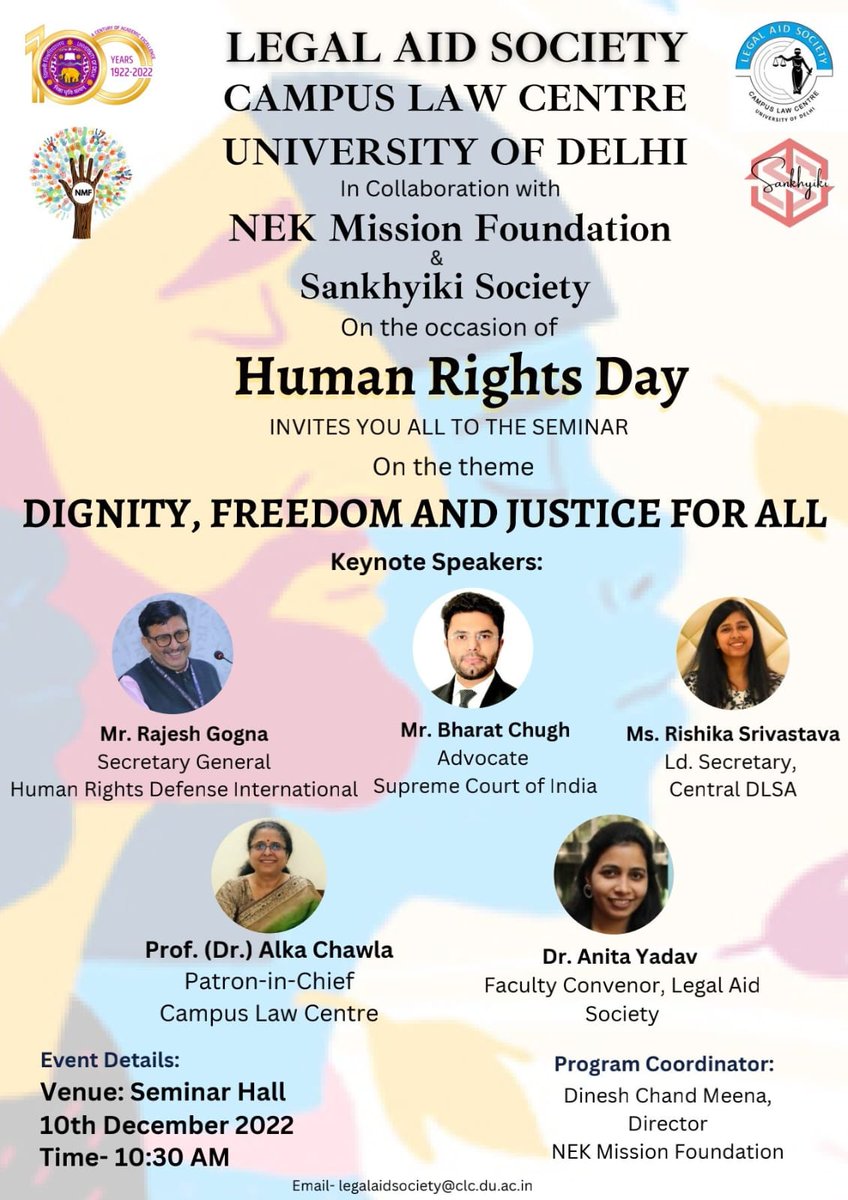 LAS_CLC's tweet photo. The Legal Aid Society, Campus Law Centre in collaboration with Project Saksham of Nek Mission Foundation and Sankhiyiki is organizing a seminar on the occasion of Human Rights Day on the 10th of December, 2022 from 10:30am to 1:00pm.
https://t.co/ZPtuVULVnj https://t.co/ch1PDYXE7D