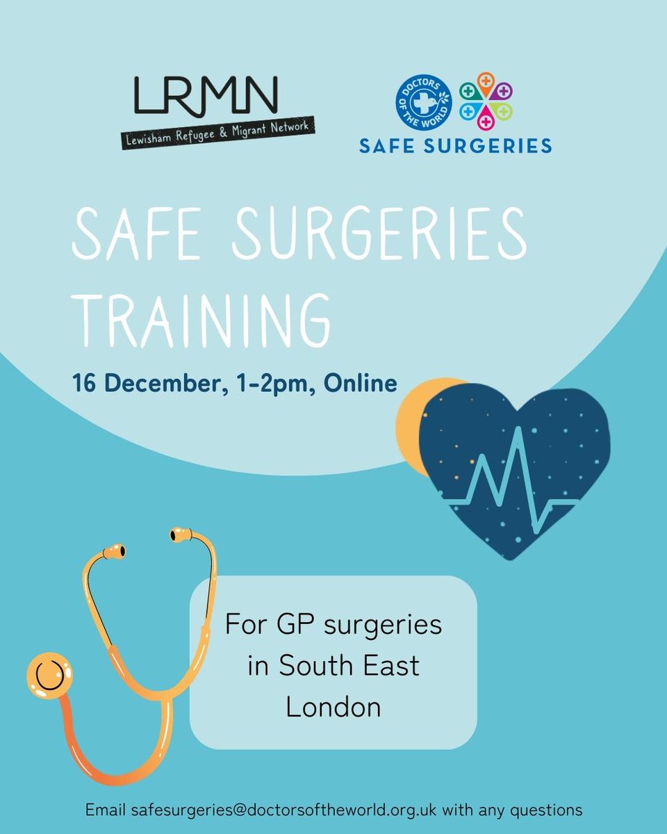📣Calling all GP surgeries in South East London

We're teaming up with <a href="/DOTW_UK/">Doctors of the World</a> to ensure that primary healthcare is safe and accessible for everyone, no matter their background or migration status🧡

✍️Make sure your practice truly is a safe surgery: eventbrite.co.uk/e/safe-surgeri…