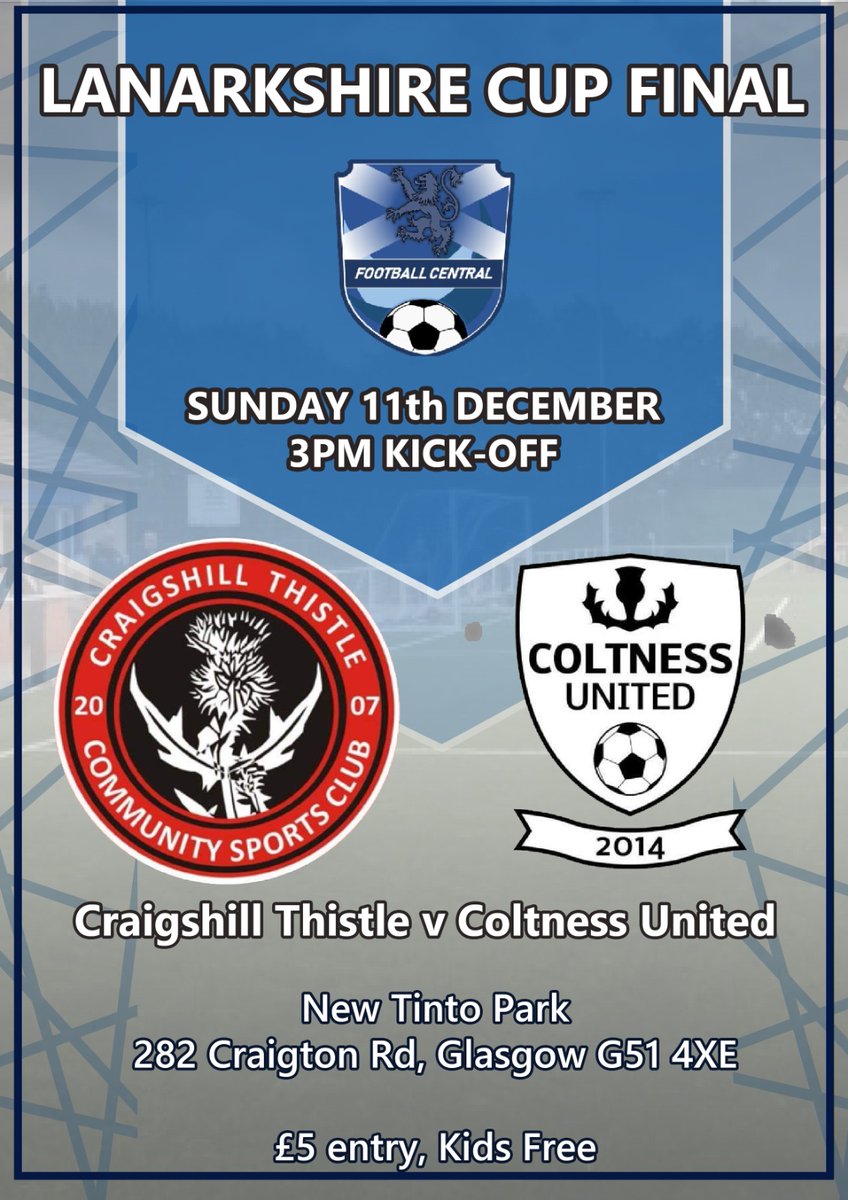 <a href="/CraigshillAFC/">CraigshillThistleAFC</a> vs Coltness United in the Lanarkshire Cup Final. 
- Support local football and come watch if you can
- Live commentary available across our social media channels
- Pre-match interviews with players and managers on Facebook