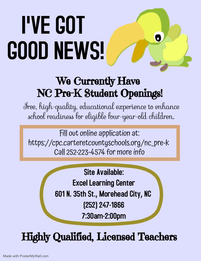 #SpreadTheWord Calling all children who were 4 yrs old on/before August 31 of 2022 (even if they have already turned 5) &amp; are in need of a free,high-quality, preschool program! #NCPreK #EarlyChildhoodEducation <a href="/CarteretK12/">Carteret County Public School System</a> #LightTheWay