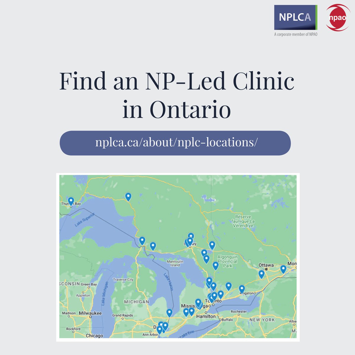 NPAOntario's tweet photo. Looking for a Nurse Practitioner-Led Clinic near you?
Find an NPLC by visiting: https://t.co/7I5EG7mGvA

Learn more about Nurse Practitioner-Led Clinics (NPLCs) at: https://t.co/DOX2ZSI4On

#NPLC #NPLCA #NPAO #NPled #Ontario #NursePractitioner #FindaNP #FindAnNPLC https://t.co/tlKTMUbpAx