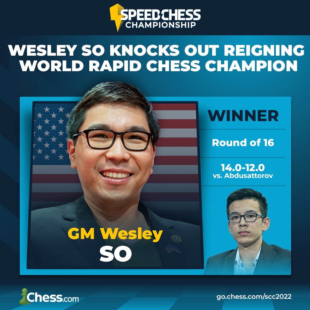 Chess.com on X: Congratulations to GM Wesley So who advances to the Speed  Chess Championship quarterfinals after an impressive comeback! 👏 Final  score: So: 18.0 Xiong: 14.0 Replay the games:    /