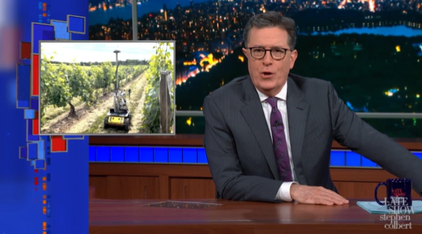 #Graperesearch makes another star turn on late night TV! The @colbertlateshow featured the work of @kaitlinmgold & @Yu_Cosmo_Jiang as part of the @VitisGen project, deploying “#autonomousrobots to help modernize the #wineindustry.” Watch at the 1:33 mark! bit.ly/3VG5UHp
