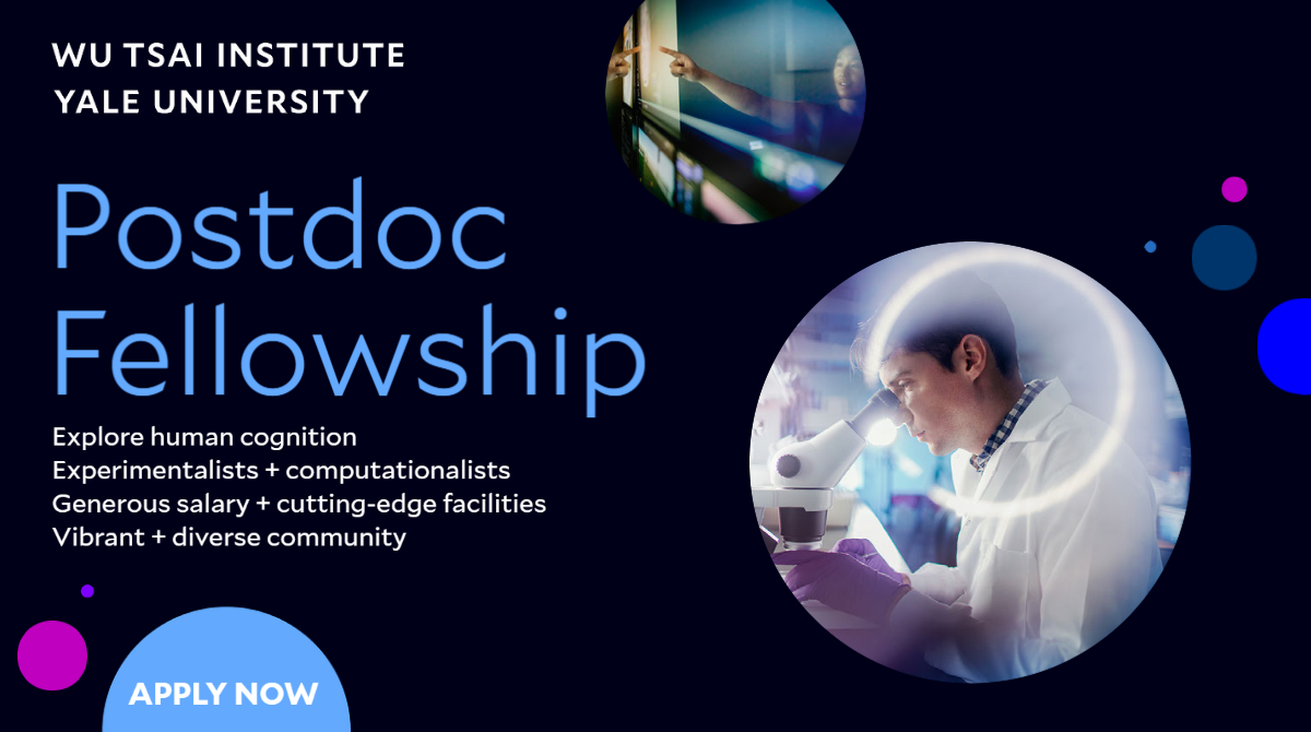 Join our inclusive + vibrant interdisciplinary research community dedicated to understanding cognition! 

Details for WTI #PostdocFellowships at wti.yale.edu/initiatives/po… + apply by 12.15.22 at apply.interfolio.com/112507.

 #KnowTogether <a href="/Yale/">Yale University</a>