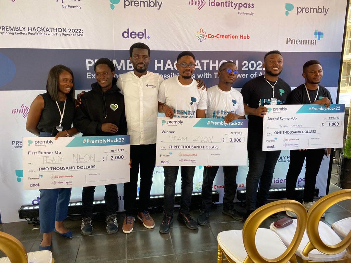 prembly's tweet photo. And finally we are excited to announce the winners of this yearโs #Premblyhack.
Drum rollsโฆ.
* * * * * * * * * * *
โ
Team Wiiverify- Second runner up
โ
Team Neon- First runner up
โ
Team Zion- Official Winner of the 2022 ๐ https://t.co/T8jzepUK7g