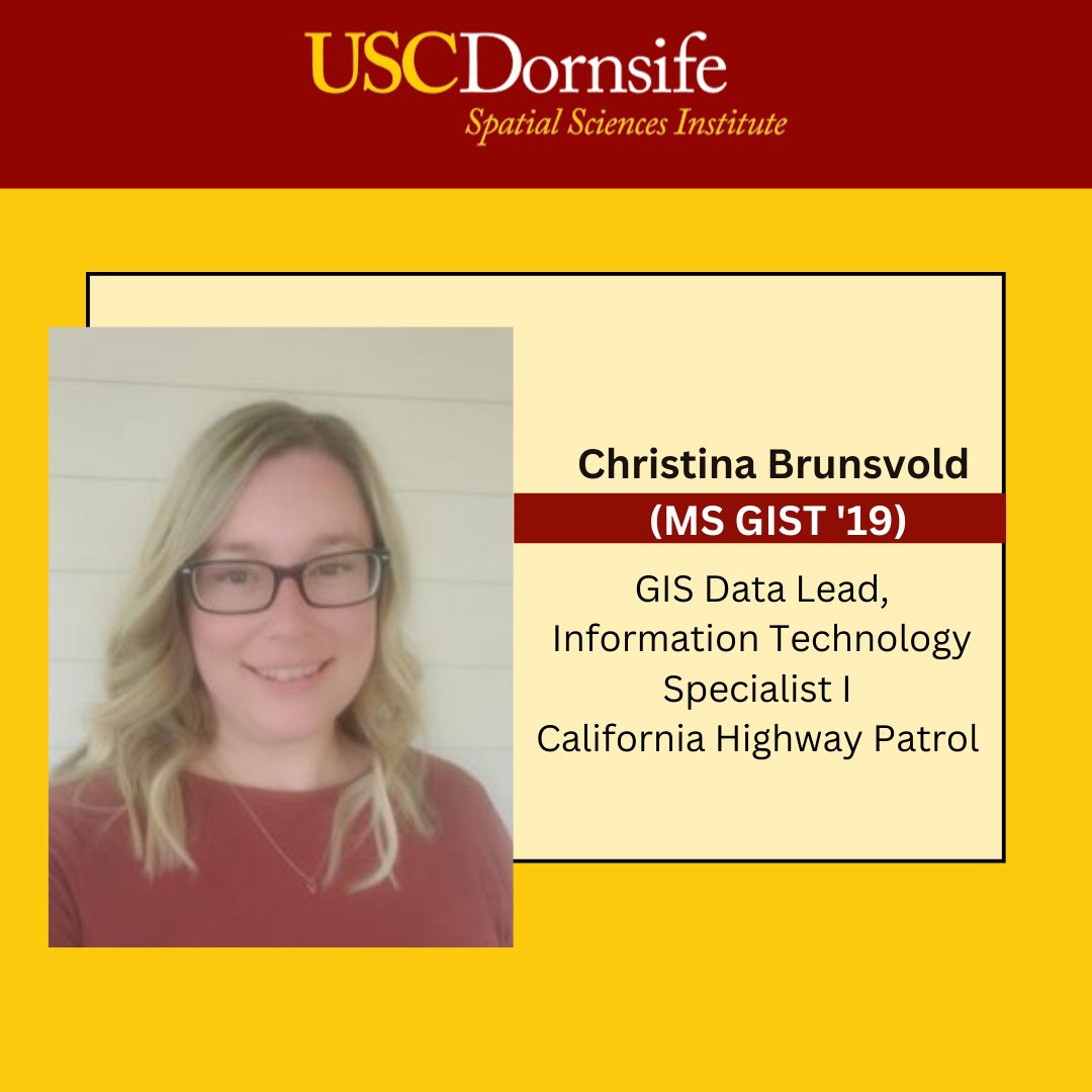 USC_SSI's tweet photo. Congratulations to one of our GIS alumnae, Christina Brunsvold (MS GIST '19), for being recognized as one of the 22 Young Geospatial Professionals to Watch!

Read more here @xyht: 👇
https://t.co/lV2TBrUhQN https://t.co/fK31lcrxre