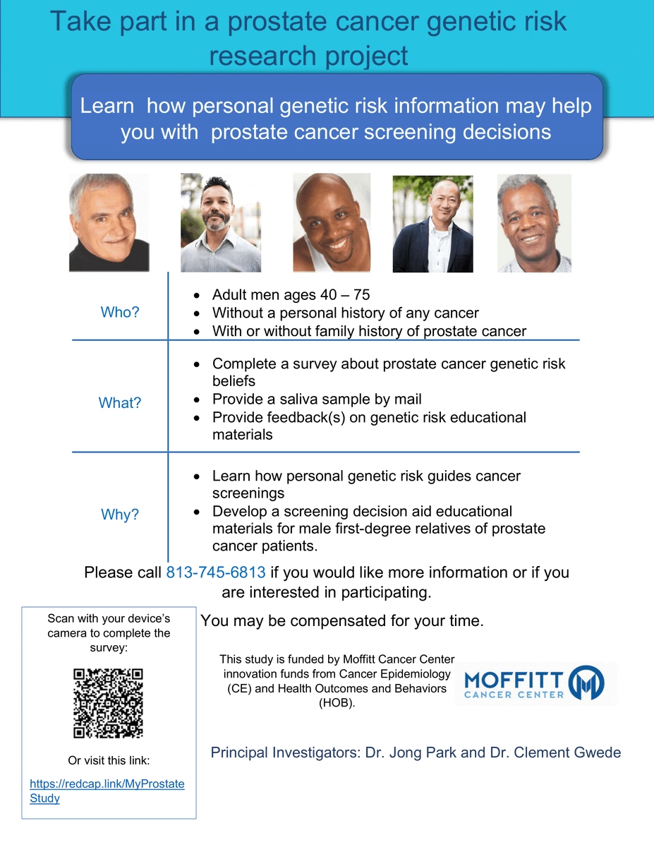 R2GMaP's tweet photo. Researchers at Moffitt are conducting a prostate cancer genetic risk research study focused on how personal genetic risk information could help guide prostate cancer screening decisions. Check out the flyer below! You can complete the survey here: https://t.co/dP3LCZPIHo https://t.co/7RyaaqJxOi