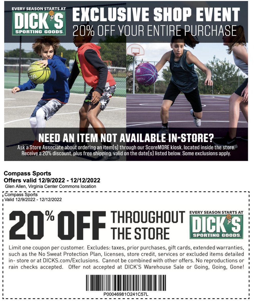 coolspringrec's tweet photo. Compass Sports Shopping Event this weekend, Dec 9-12, at Dick's Sporting Goods on Brook Road.  20% off throughout the Store!  The coupon is valid in-store on the dates above and must be shown at the register during checkout. https://t.co/sXBqnwJ0kE