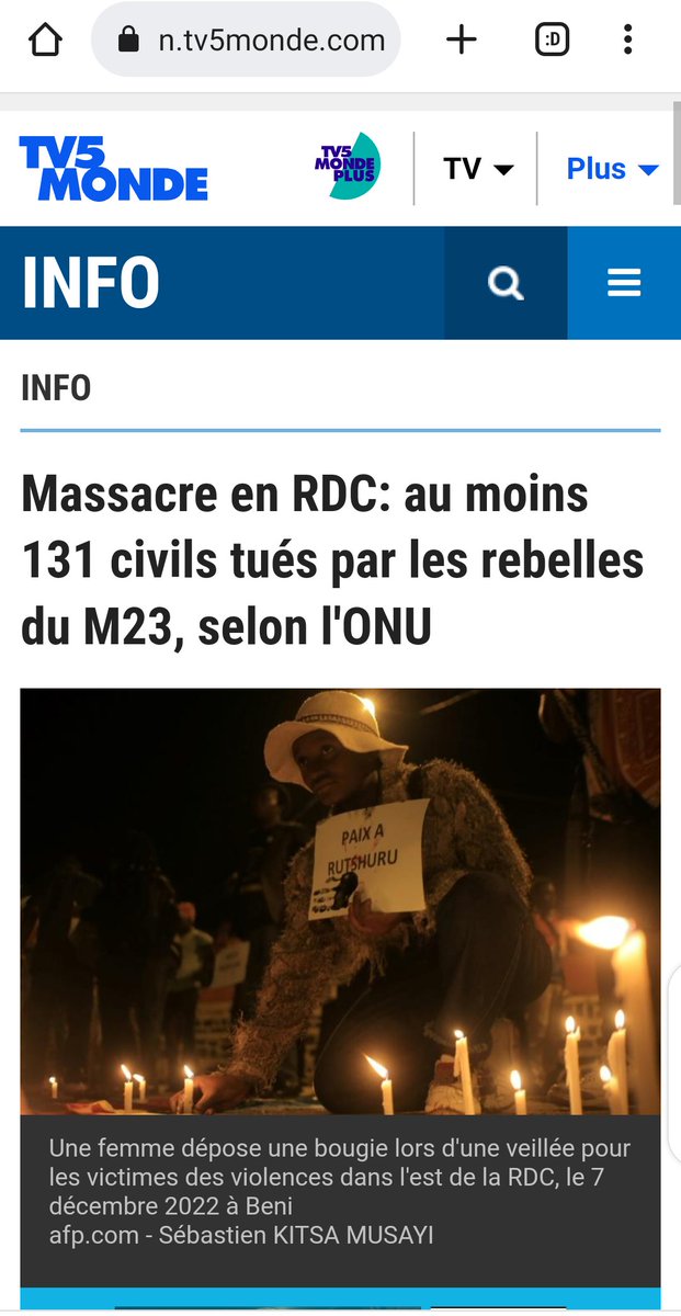 Massacre en #RDCongo : au moins 131 civils tués par les rebelles du M23, selon l'ONU.
<a href="/ONU_fr/">Nations Unies (ONU)</a> 
<a href="/ONURDCongo/">Nations Unies en RD Congo</a> 
<a href="/AFPphoto/">AFP Photo</a> 
<a href="/afpfr/">Agence France-Presse</a> 
<a href="/mlongari/">Marco Longari</a> 
<a href="/TV5MONDE/">TV5MONDE</a> 
<a href="/PatrickMuyaya/">Patrick Muyaya</a> 
<a href="/FMLarousse/">𝐅𝐢𝐬𝐭𝐨𝐧 𝐌𝐚𝐡𝐚𝐦𝐛𝐚 𝐖𝐚 𝐁𝐢𝐨𝐧𝐝𝐢</a> 
<a href="/Katsuva_R/">Rodriguez Katsuva</a>