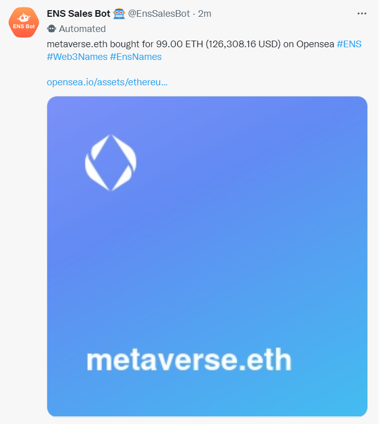 ENS bull run again? 

Metaverse.eth bought for 99ETH