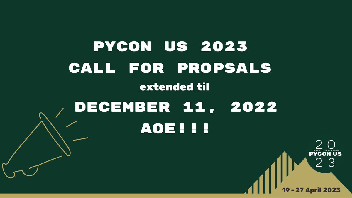 pycon's tweet image. 📣 ATTENTION 📣  #PyConUS 2023 Call for Proposal deadline has been extended until December 11, 2022, AoE!!

You have a couple more days to submit your proposals so don&apos;t wait, head to bit.ly/3z5ZQ1x and submit yours today!