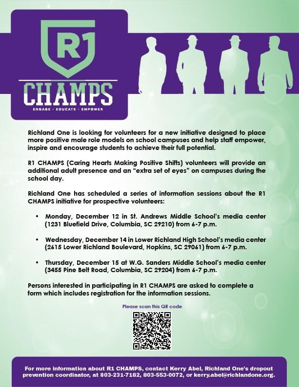 Richland One is looking for male volunteers to serve as positive role models on school campuses. Click the link below to find out more about R1 CHAMPS program. richlandone.org/site/default.a…