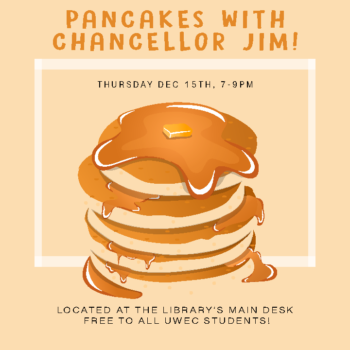 uwec_library's tweet image. 🥞 Join us for our annual finals week event with special guest and pancake artist, @ChancellorJim!

Pancakes will be made at the library&apos;s main desk from 7-9pm on Thurs, December 15th. The event is FREE for all UWEC students.

#UWEC #McIntyreLibrary #FinalsWeek