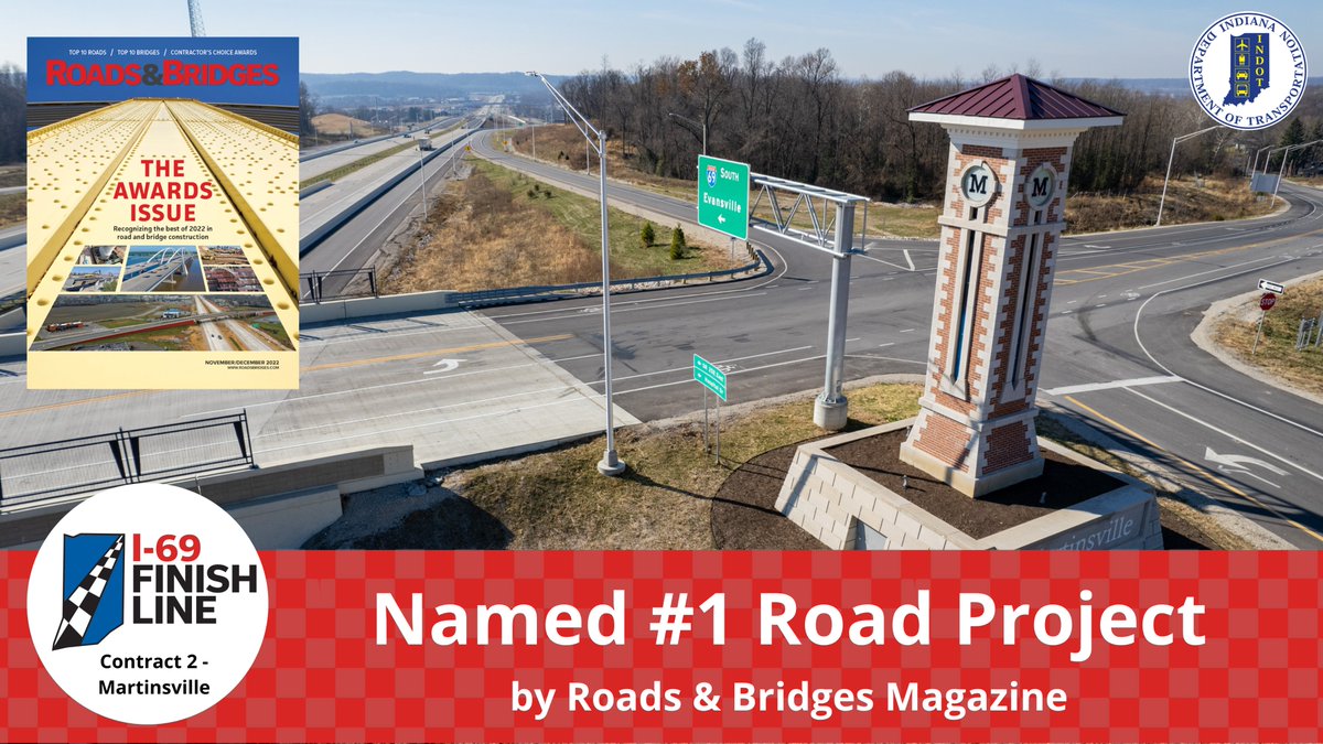 INDOTSoutheast's tweet image. The Martinsville section of @I69FinishLine was recently named the #1 road project in the U.S. by Roads &amp;amp; Bridges Magazine. The $164 million contract transformed what was S.R. 37 into I-69. More info: lnks.gd/2/xpRWMz