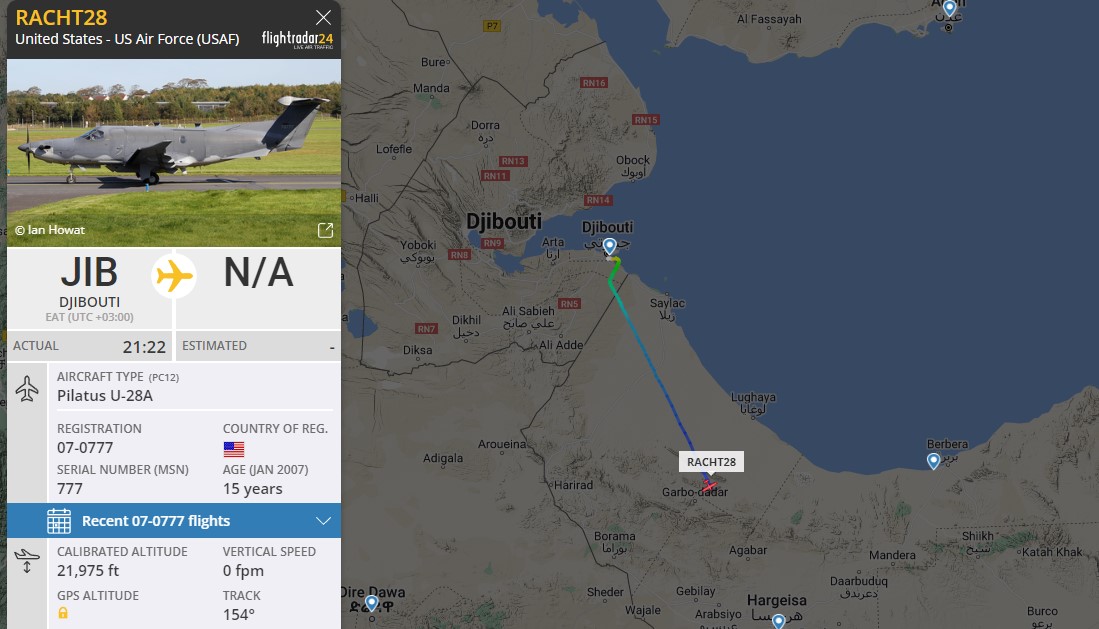Laurent_Le_Bloa's tweet photo. #USNAVY KC-130J #BRONCO81 returning #Djibouti fm #Sigonella {Italy
Special ops U-28A DRACO #RACHT28 taking off fm #Djibouti heading to #Somalia Arrival in Djibouti unnoticed
@RAbdiAnalyst @Abdi678 @G_OnTheGround @ATCprowler @kinjeketile @OAbraar @EastAfricanWild https://t.co/YbWu2C7xic