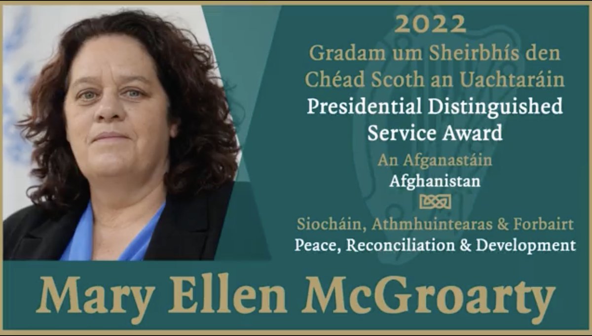 Director of <a href="/WFP/">World Food Programme</a> Afghanistan @McGroartyME has shown immense leadership since the Taliban takeover.

Her team ensures delivery of support to millions of Afghans in the most difficult circumstances.

Congratulations Mary Ellen on your Presidential Distinguished Service Award!🇮🇪🇺🇳